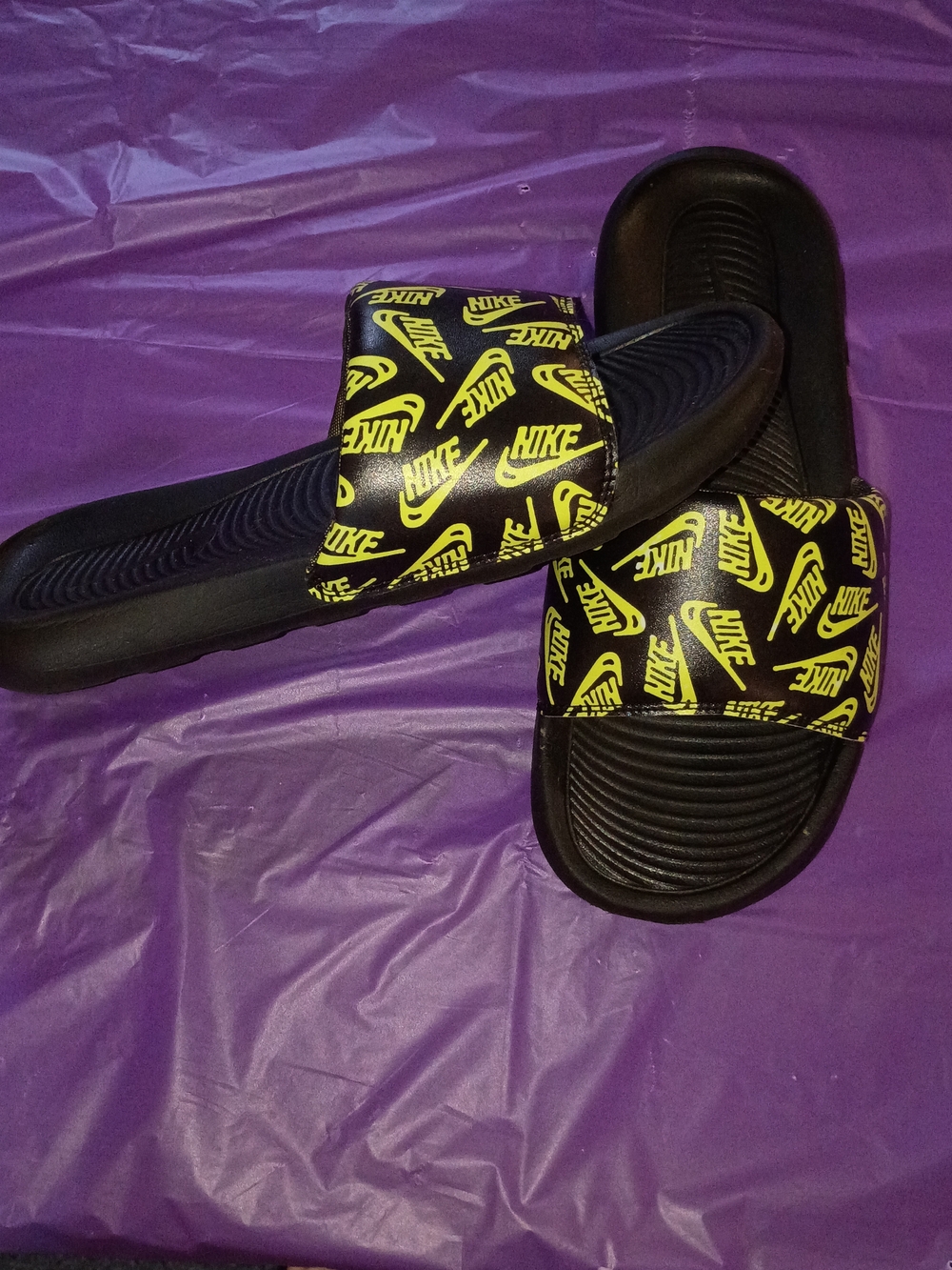 Nike Black Slides with Neon Yellow Logo